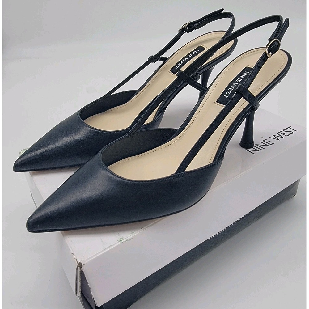 Nine West Peni Black Leather Pointy Toe Sling Back Heel 7M New